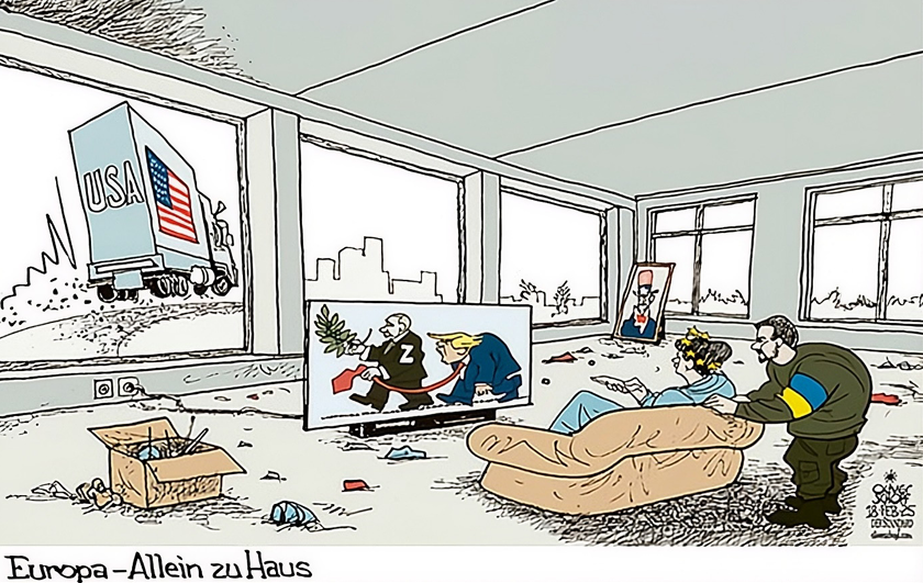 Cartoon: Verwüstetes Zimmer, zwei Personen auf Sofa schauen auf TV mit politischer Karikatur; Lkw mit USA-Flagge draußen.